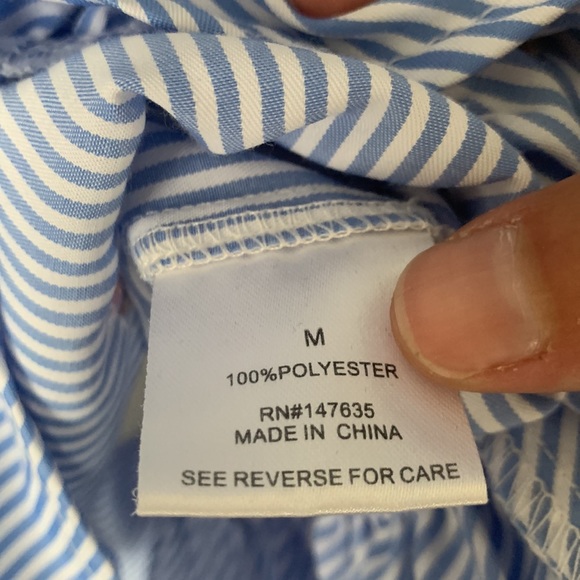 Blue and white striped Flamingo embroidered print wrap dress with ruffle bottom - Picture 11 of 12